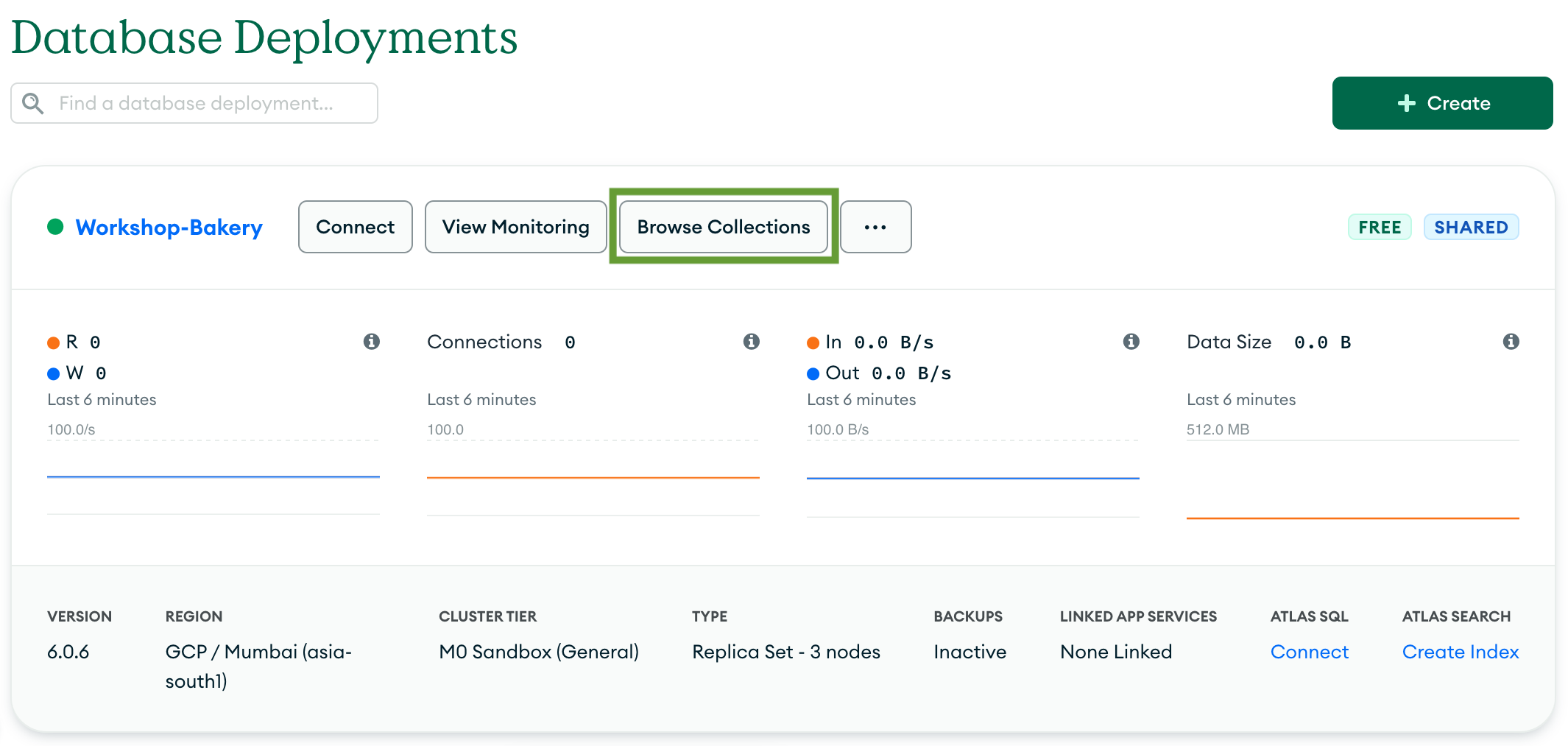 Database deployment section highlighting the 'Browse Collections' button