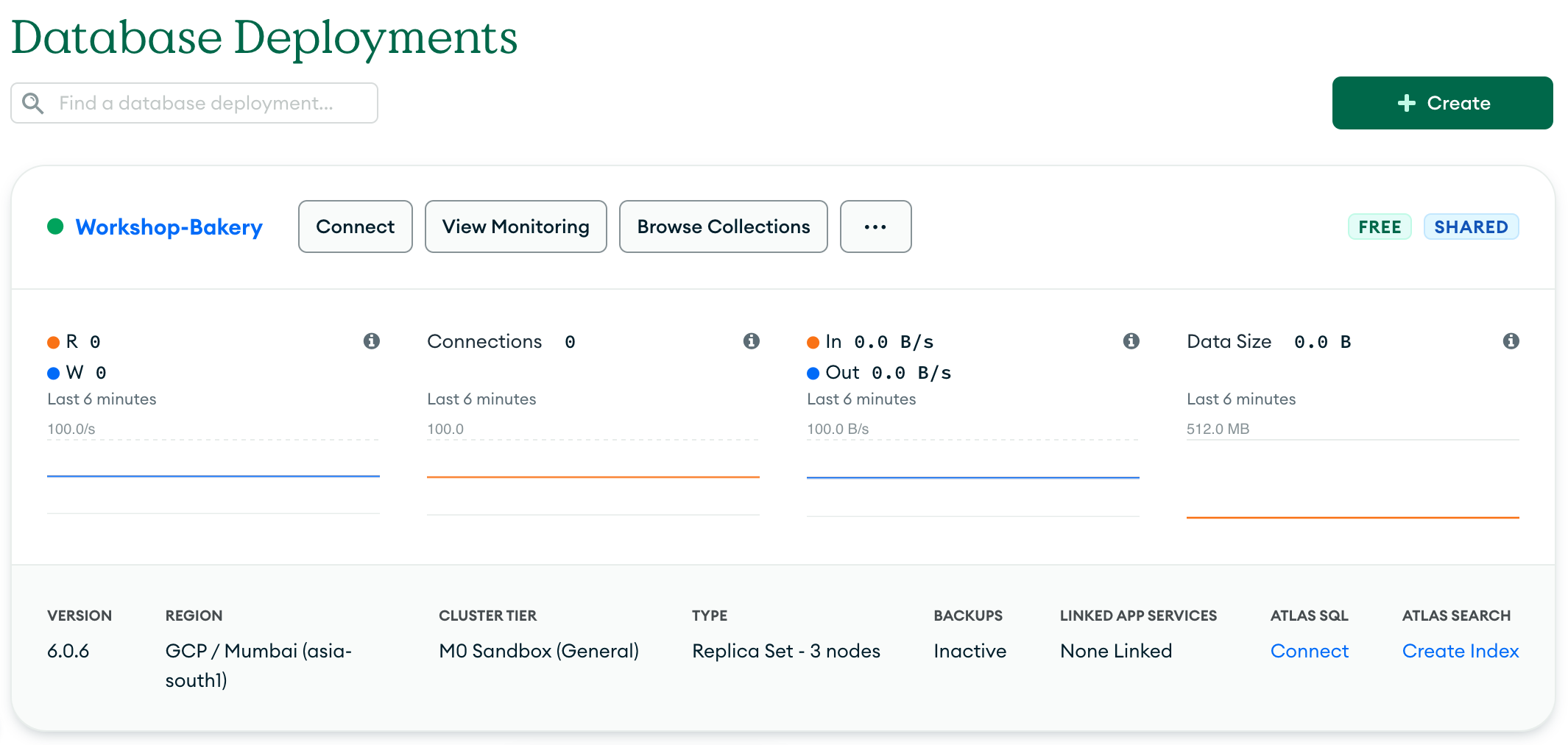 The 'Database Deployments' page with a cluster named 'Workshop-Bakery'