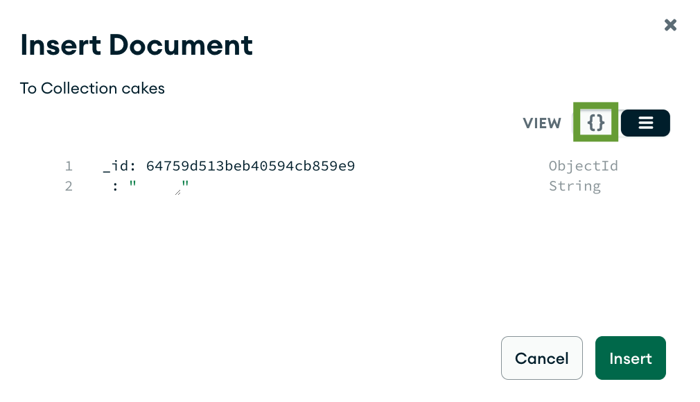 'Insert to Collection' dialog highlighting the JSON button