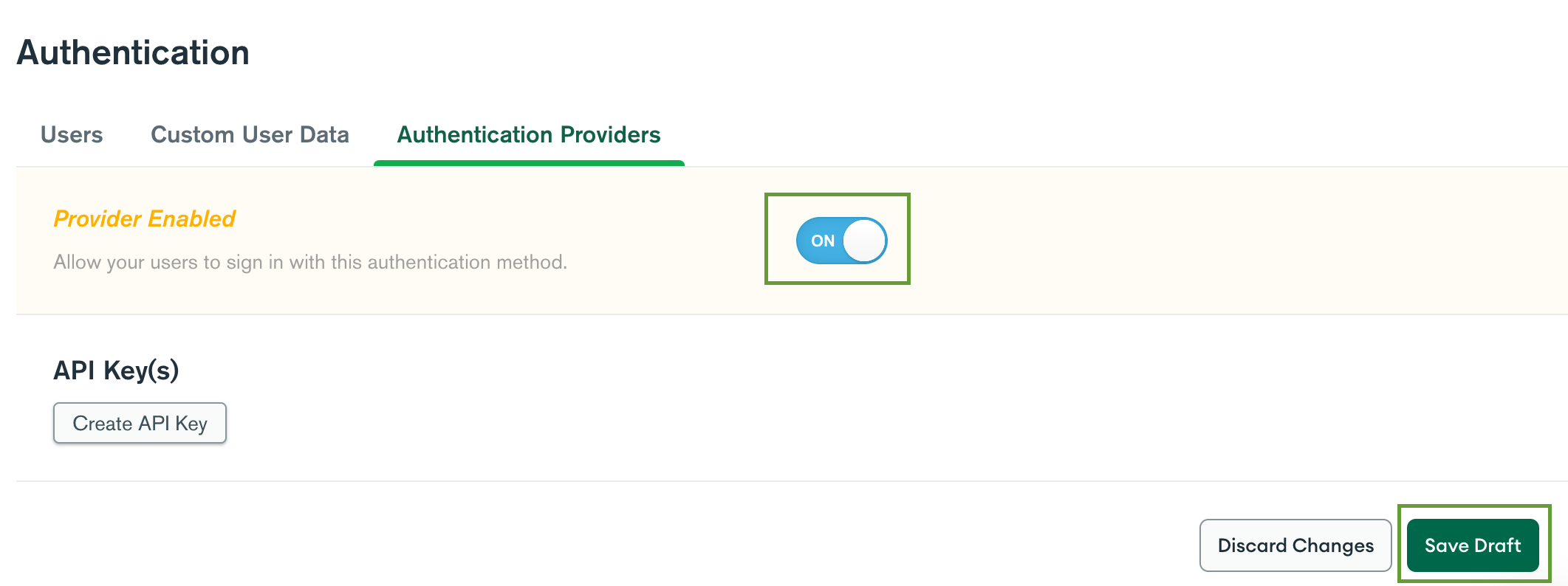 Authentication section with the 'On' toggle button highlighted