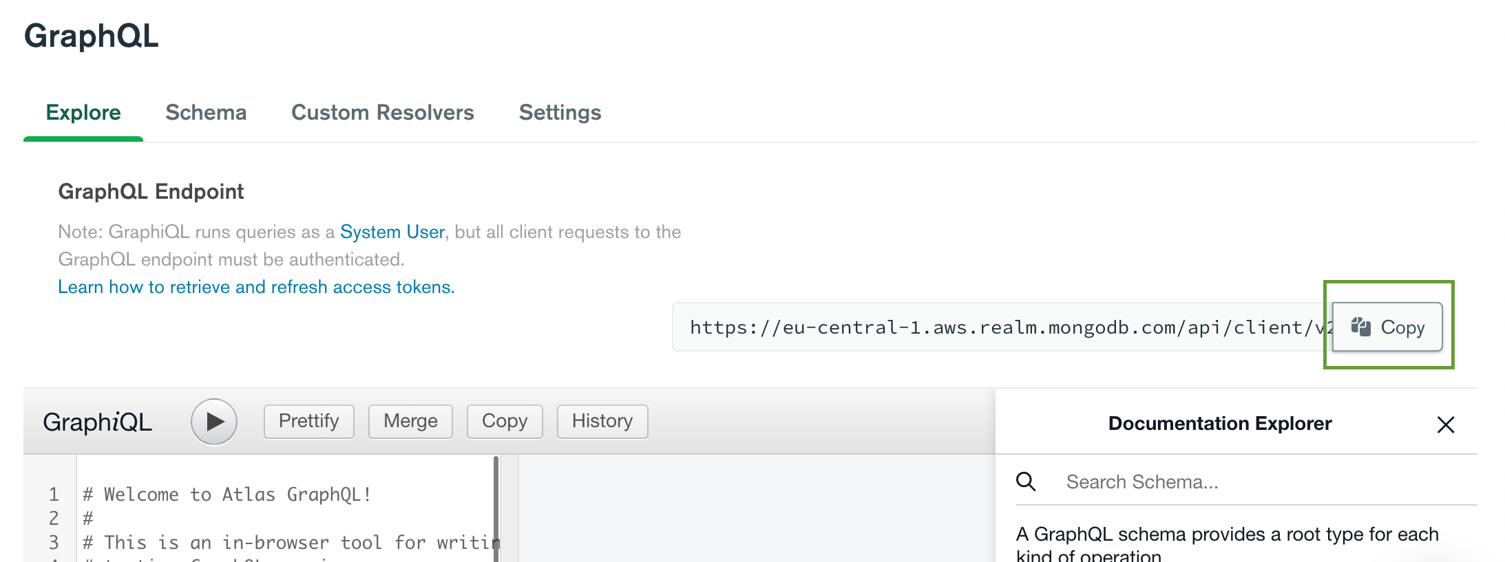 GraphQL page in App Services highlighting the 'Copy' button next to the GraphQL endpoint
