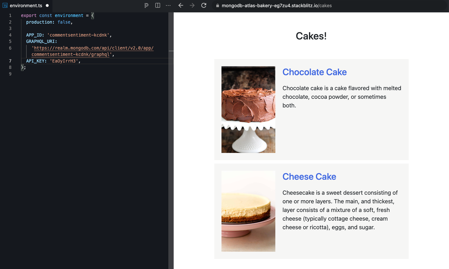 StackBlitz with the editor on the left and the application on the right