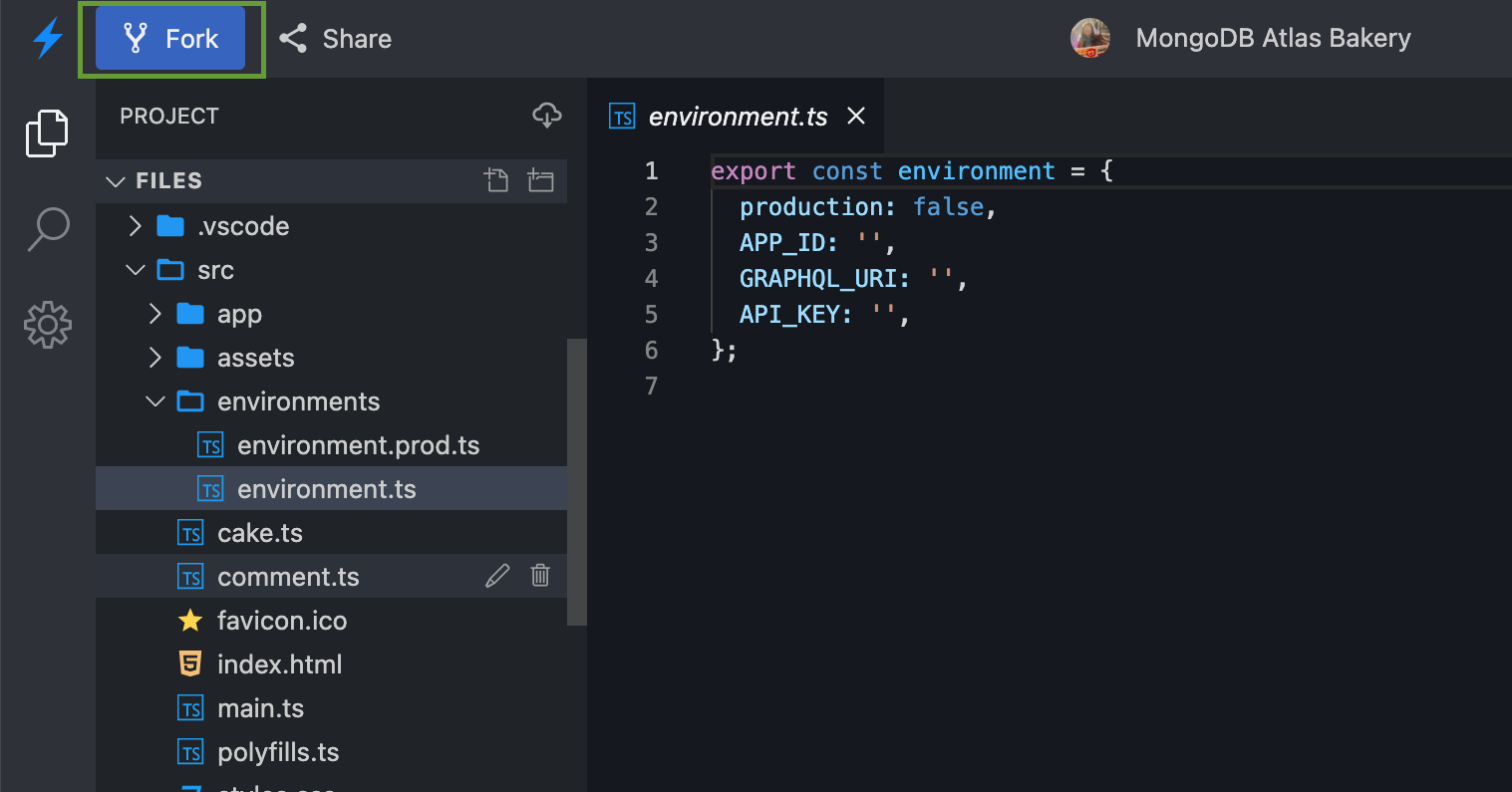 StackBlitz editor highlighting the 'Fork' button