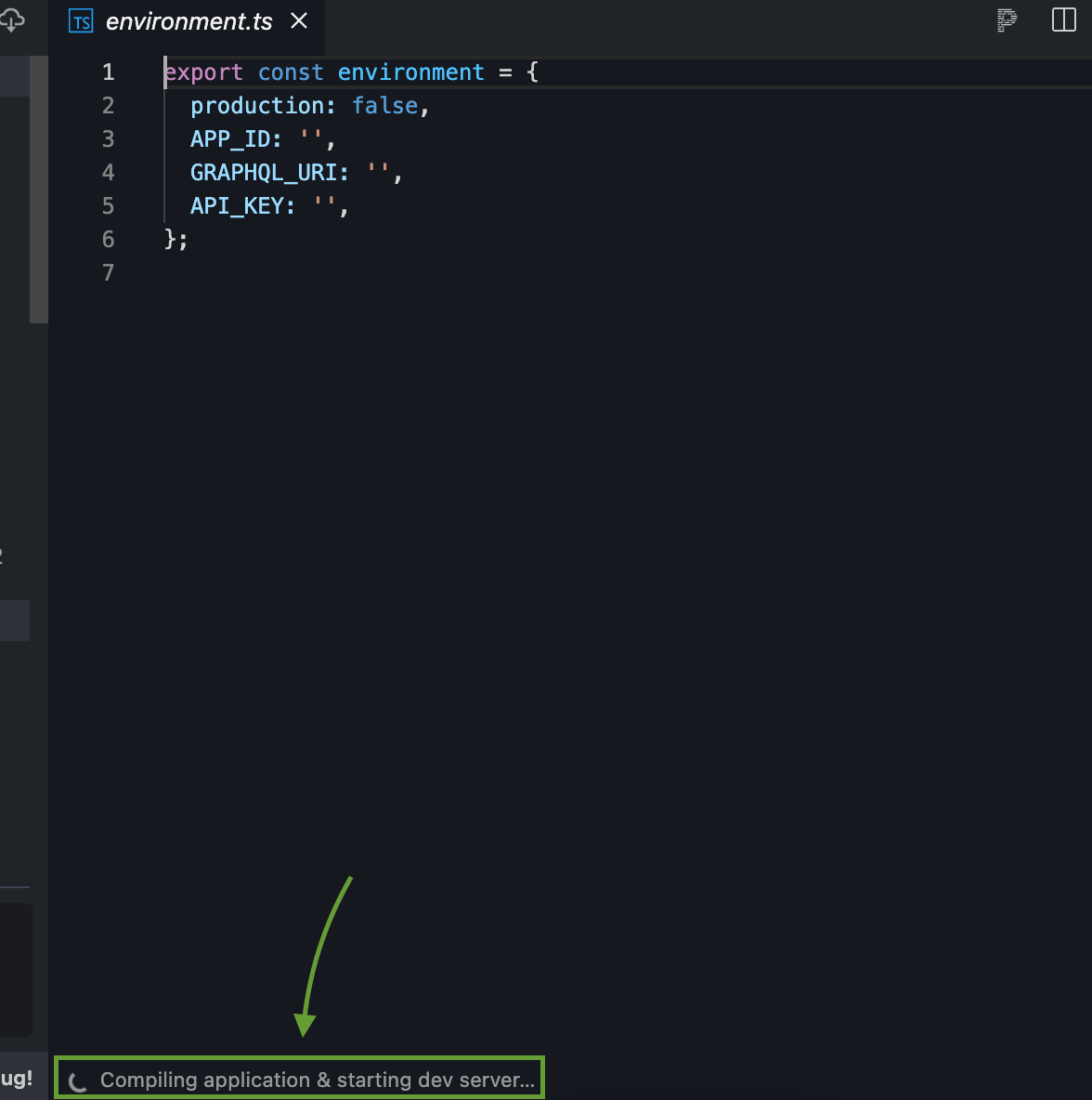 StackBlitz editor highlighting the 'Compiling application & starting dev server…' message