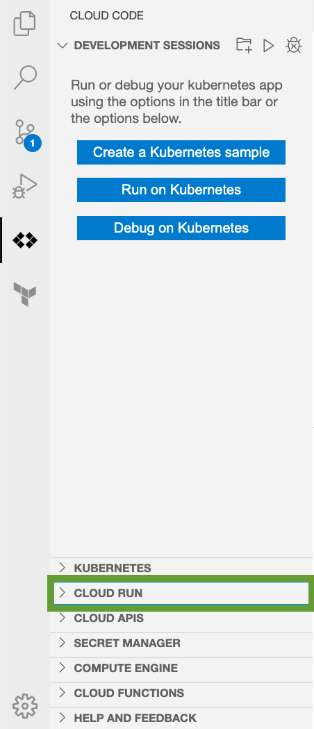 Cloud Code extention expanded with the Cloud Run section highlighted