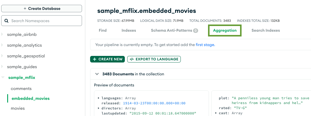 Aggregations tab highlighted on the collection details page