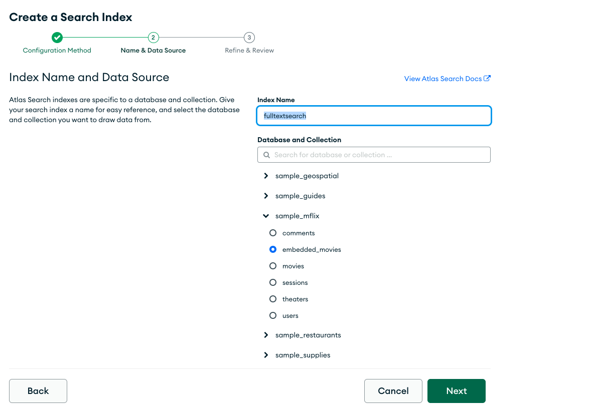 The 'Name & Data Source' step of creating a new search index