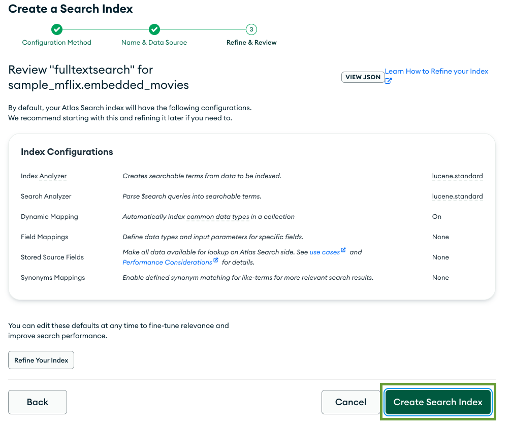 The 'Review & Refine' step of creating a new search index